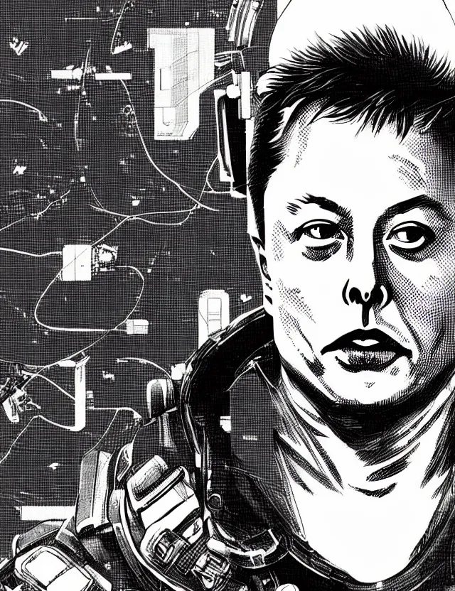 Image similar to a detailed manga illustration of elon musk in tactical gear, trending on artstation, digital art, 4 k resolution, detailed, high quality, sharp focus, hq artwork, coherent, insane detail, character portrait