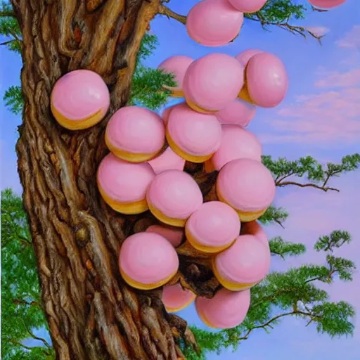 Prompt: A beautiful oil painting of pink donuts growing from a tree branch, lighting, photorealistic, art by hajime sorayama