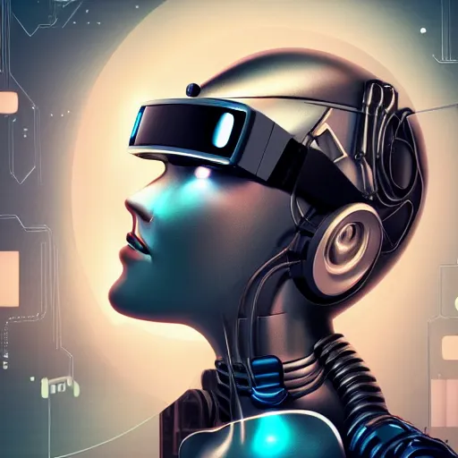 Image similar to retro vintage sci - fi, female cyborg robot wearing vr headset, 3 d illutration, profile portrait, night, detailed, cyberpunk style,