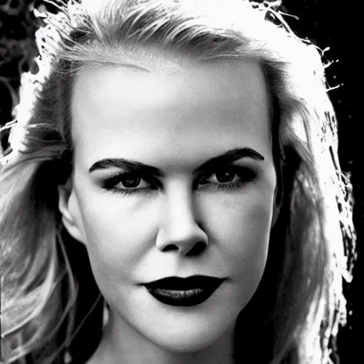 Prompt: black and white vogue closeup portrait by herb ritts of a beautiful female model, young nicole kidman, high contrast