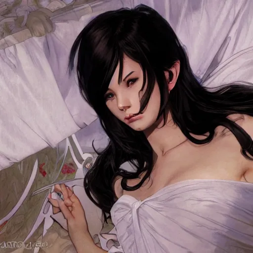 Prompt: cassandra cain in a wedding dress, laying on a bed, messy hair, cg animation, riot entertainment, arcane, realistic, character select portrait, by artgerm, greg rutkowski, alphonse mucha, 3 d