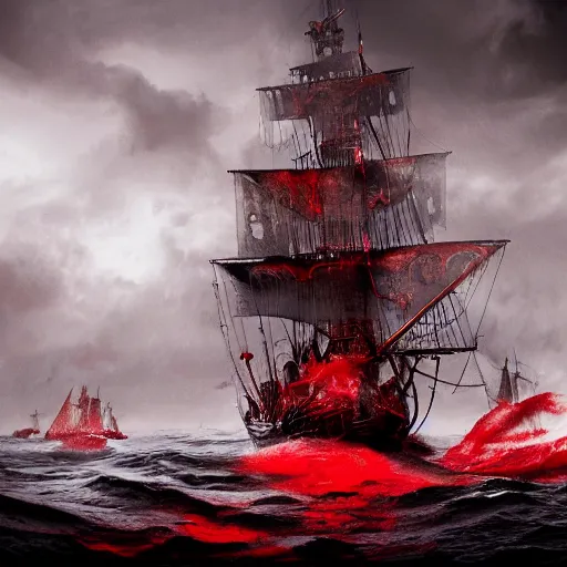 Image similar to A pirate ship sailing through a sea of blood, detailed, cloudy, foggy, lights, realistic,