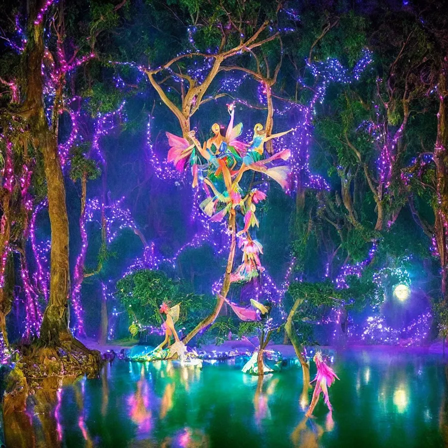 Image similar to a night carnival fairies around a magical tree next to a lake with iridiscent water, christmas lights, volumetric lightning, creatures and fantastic people disguised as fantastic creatures in a magical forest by summer night, masterpieceunderwater scene, masterpiece painted by slim aarons, scene by night