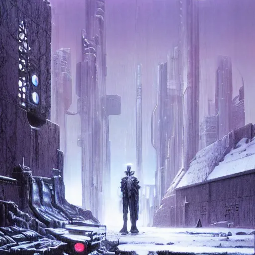 Image similar to mystic winter landscape, cyberpunk wayne barlowe