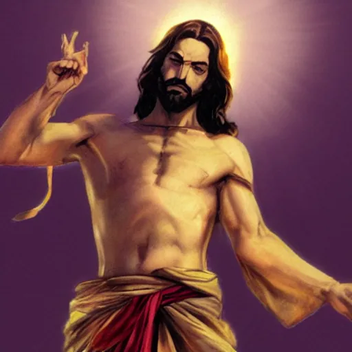 Image similar to jesus in a jojo dramatic pose, illustration by hirohiko araki and greg rutkowski