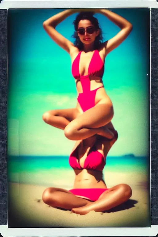 Prompt: a woman sitting on the beach in a bathing suit, a polaroid photo by francis souza, instagram, arabesque, sensual, hd, 3 2 k uhd