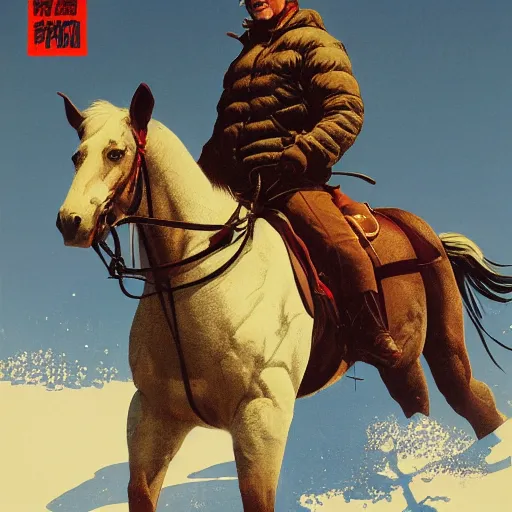 Image similar to a painting of a person on a horse in the snow, poster art by otomo katsuhiro, cgsociety, nuclear art, reimagined by industrial light and magic, official art, poster art