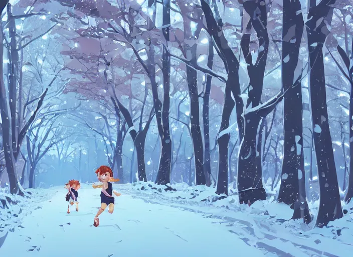 Prompt: little girl with short wavy curly light brown hair running in the snowy forest. clean cel shaded vector art. shutterstock. behance hd by lois van baarle, artgerm, helen huang, by makoto shinkai and ilya kuvshinov, rossdraws, illustration, art by ilya kuvshinov