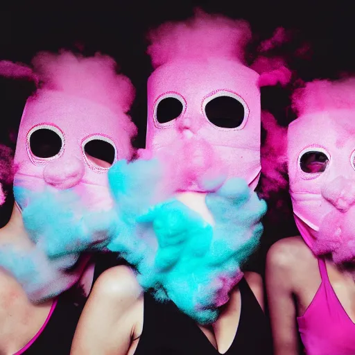 Image similar to photo of dancers made from cotton candy in big geometric MASKS, smudge, lo fi, mix, texture, lomography