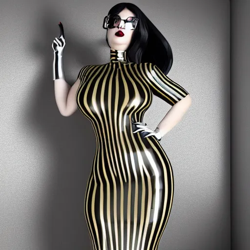 Image similar to a curvy pale hot young goth woman wearing an elegant modest tight shiny gold-silver-black striped latex high-neck dress, cgsociety, photorealistic, sublime-cool-hyperadvanced-dark-amorous ambience, 16k, smooth, sharp focus, trending on ArtStation, volumetric lighting, fully clothed, thin waist