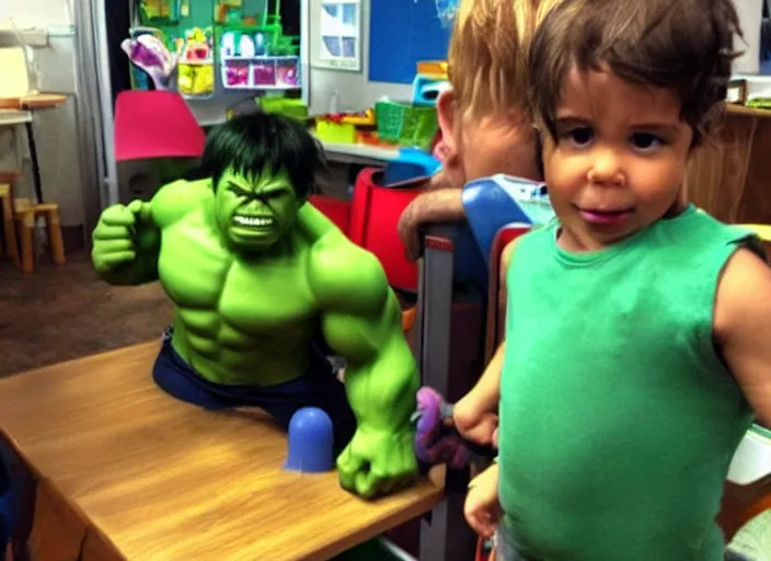 Image similar to the hulk working at a daycare