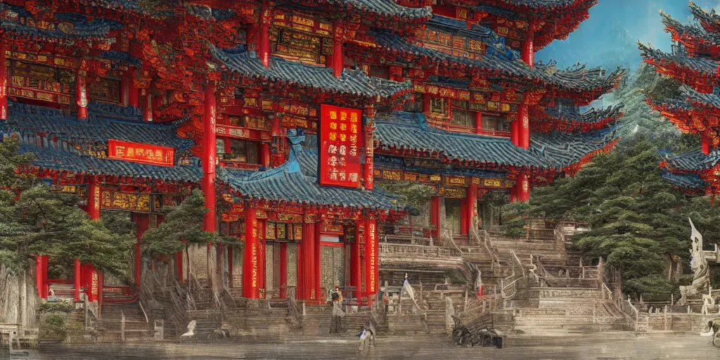 Prompt: a cyberpunk style chinese temple, by ivan shishkin, by james gurney, detailed, atmospheric, 8 k