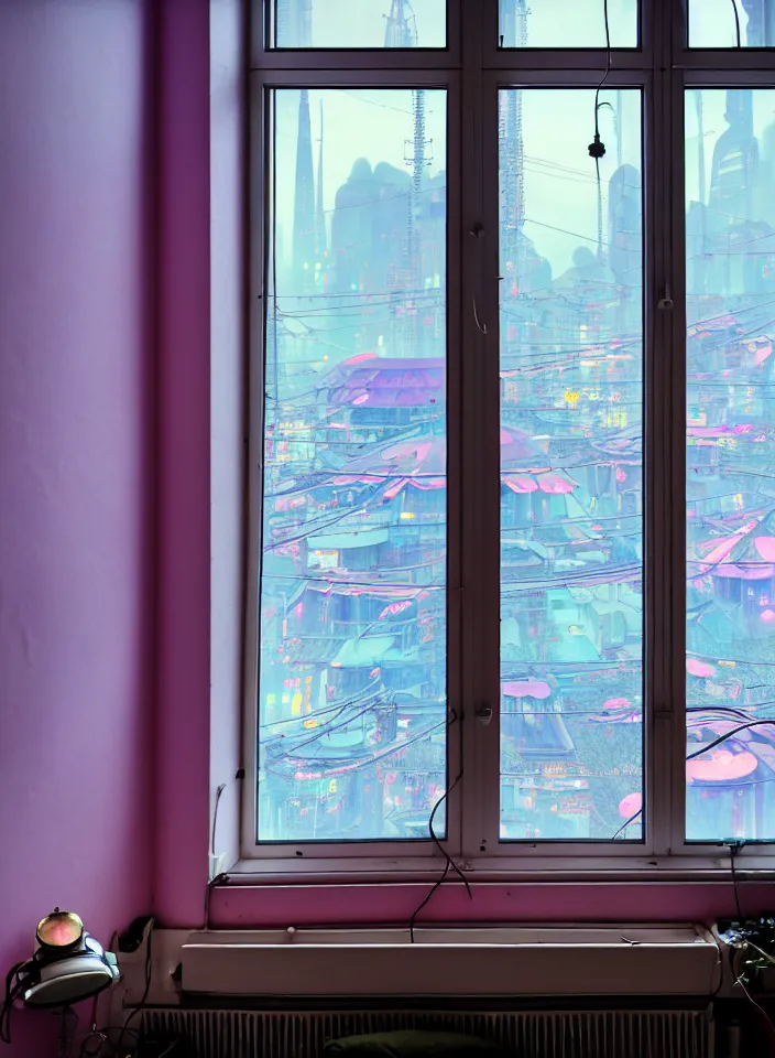 Prompt: telephoto 7 0 mm f / 2. 8 iso 2 0 0 photograph depicting the feeling of chrysalism in a cosy cluttered french sci - fi ( art nouveau ) cyberpunk apartment in a pastel dreamstate art cinema style. ( computer screens, window ( city view ), sink, lamp ( ( ( fish tank ) ) ) ), ambient light.