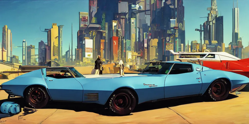 Image similar to art style by Ben Aronson and Edward Hopper and Syd Mead, wide shot view of the Cyberpunk 2077, on ground level. full view of the Corvette 1969 with wide body kit modification.