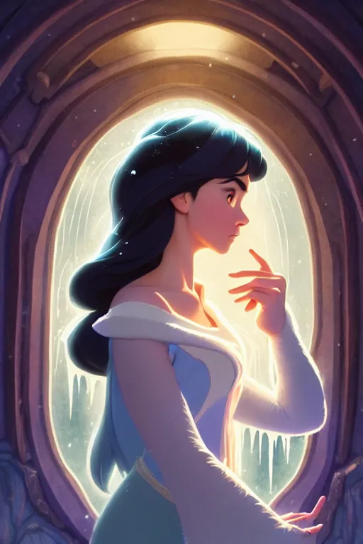 Prompt: animation still frame of an attractive female sorceress ( long dark hair ) casting a icy frost spell, high angle closeup portrait, blurry background of the library, disney, pixar, bloom, medium shot, dramatic lighting, in the style of studio ghibli, j. c. leyendecker, greg rutkowski, artgerm