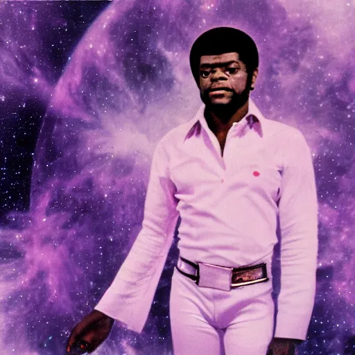 Image similar to Billy Preston (1974) in space in front of a purple nebula