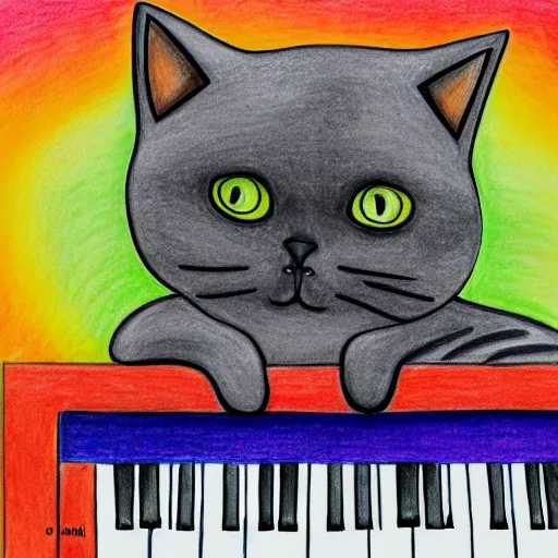 Prompt: anthropomorphic grey british shorthair cat sitting upright playing piano keyboard with abstract musical note background detailed colorful colored pencil drawing in the style of claudia sanchez 4 k