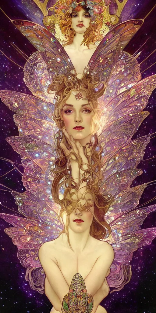 Prompt: intense glowing happy faerie pagan god with sparkles and horns and intense glowing eyes and a beautiful butterfly in very dark cosmic space by karol bak and alphonse mucha and artgerm, portrait, fantasy, clear, light beams, lens flare, intense, uhd, amazing depth, cinematic lighting