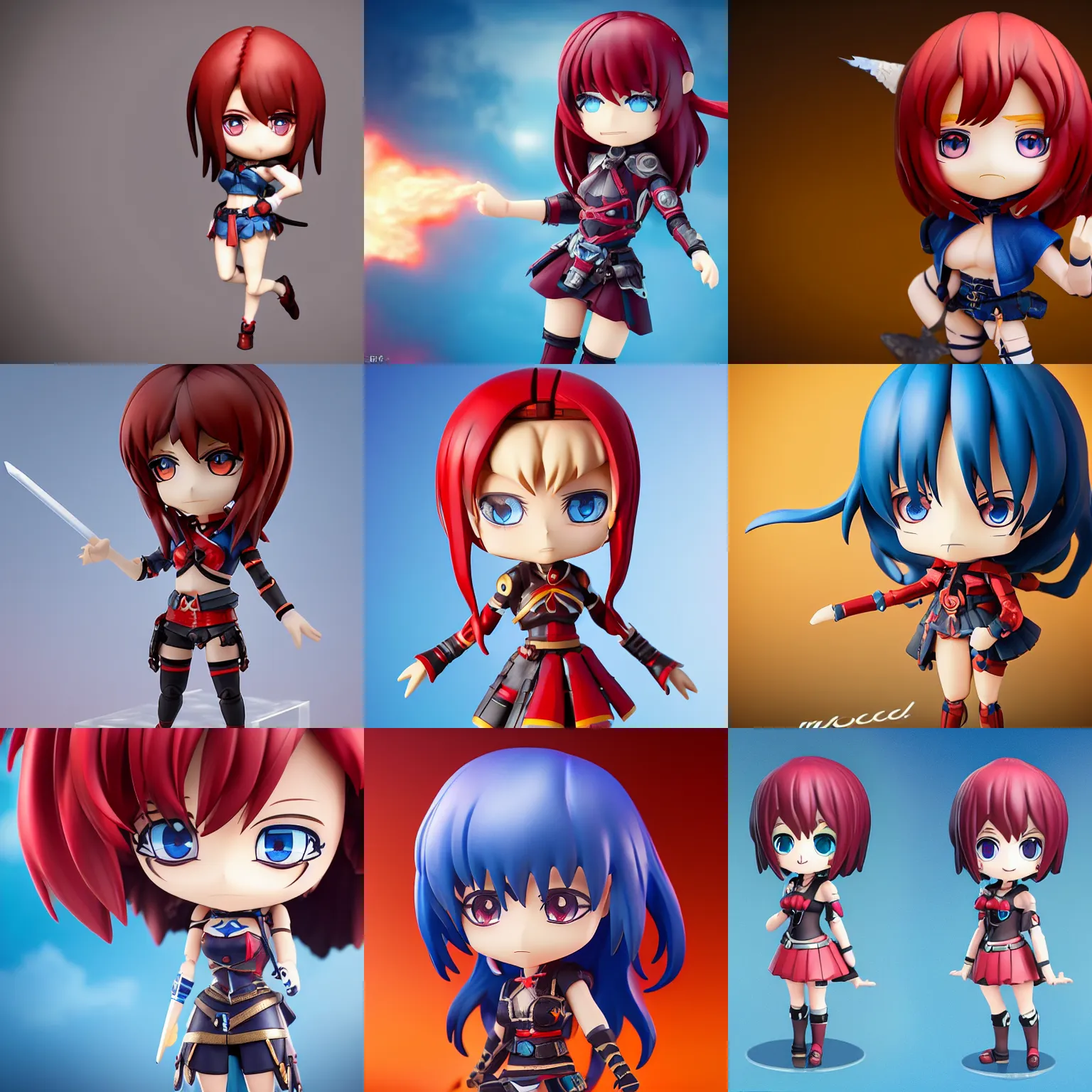 Prompt: a cute chibi woman anime Nendroid figurine, blue eyes, vibrant red hair, heroic, fantasy, Nendroid, 8k, octane render, unreal engine