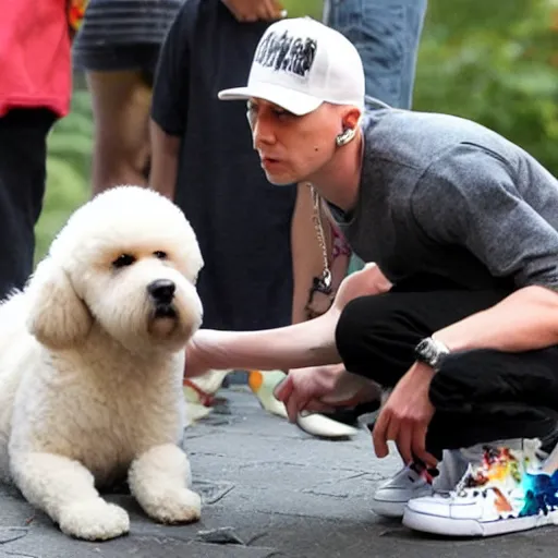 Image similar to Eminem and a dog plays with Lego at Central park