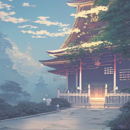 Image similar to white paper lanterns wall mural of Yakasa Temple Kyoto by Studio Ghibli, Andreas Rocha, Neil Blevins, Nausicaa - C 10