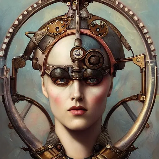 Image similar to tom bagshaw, curiosities carnival, soft paint of a single bald beautiful female in a full steampunk armor, rabbit - ear helm ornate, symmetry accurate features, focus, very intricate ultrafine details, award winning masterpiece