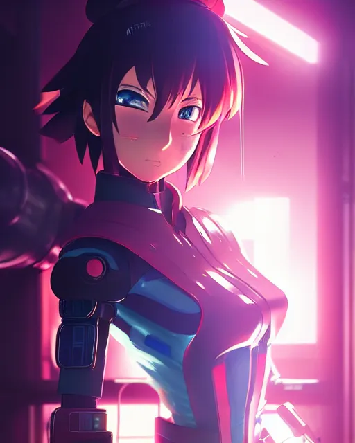 Image similar to portrait of anime girl in mechanic armor in night tokyo by makoto sinkai, my hero academia,cyberpunk, greg rutkowski, perfect face, fine details