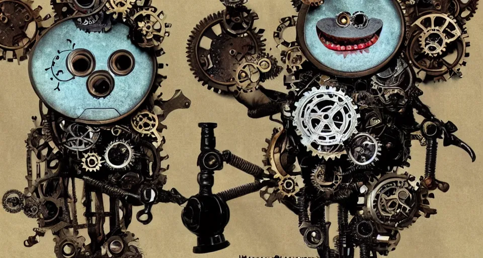 Image similar to a tiny cute steampunk monster with cogs and screws and big eyes smiling and waving, in the style of dave mckean