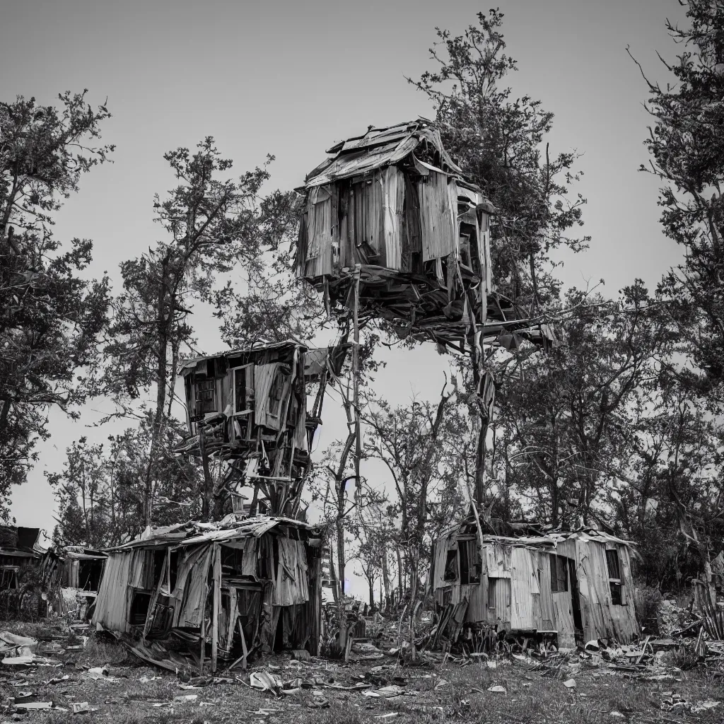 Image similar to a tower made up of makeshift squatter shacks, dystopia, sony a 7 r 3, f 1 1, fully frontal view, photographed by ansel adams, ultra detailed,