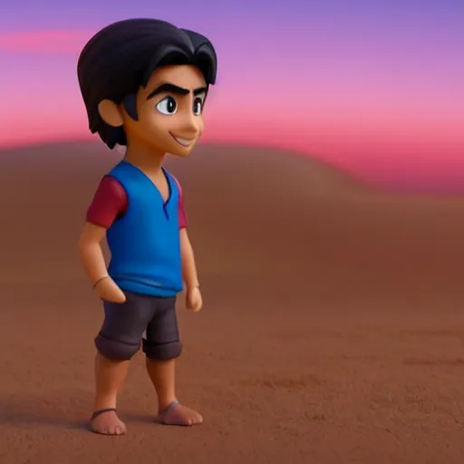 Prompt: profile view of young aladdin as nendoroid walking in a desert in the croods movie style, wearing typical clothes, 8 k, hd, dof, kodak film, volumetric lighting, subsurface scattering, photorealistic, octane render