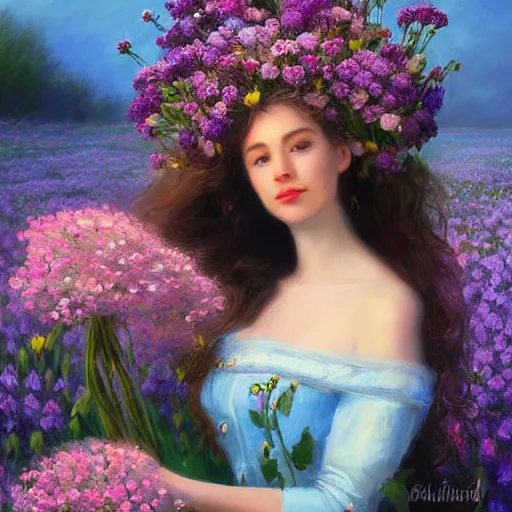 Image similar to a portrait of a romantic woman with flowers grow out of hair, roses peonies forget-me-nots dahlias lupins gladioli, sky theme in background, by Alexandr Averin, Digital Art, Trending on artstation