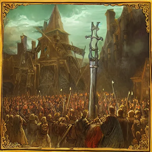 Image similar to a crowd of medieval people with Pitchforks and torches standing on clouds, higly detailed, ambient lighting, mystic, rpg artwork