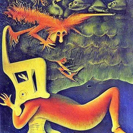 Image similar to strange mythical beasts of whimsy, dark uncanny surreal colllage by max ernst