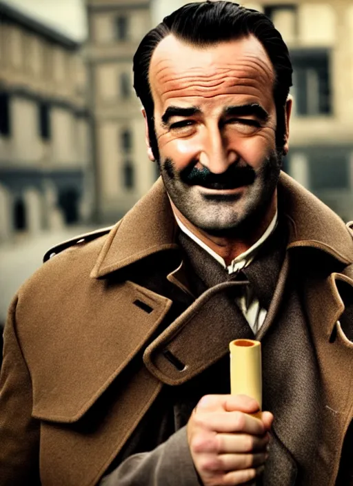 Prompt: photorealistic photography of beautiful jean dujardin in the artist, ( ( beard ) ), posing as a charismatic smiling thief!, with a light brown trench coat and a cigarette, in dresden files movie, hd