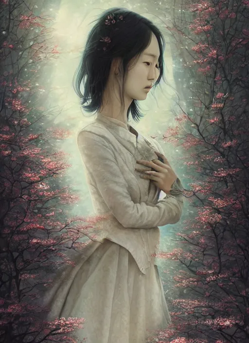 Image similar to Lee Jin-Eun by Andrew Ferez, rule of thirds, seductive look, beautiful, in intergalactic HQ with sakura trees
