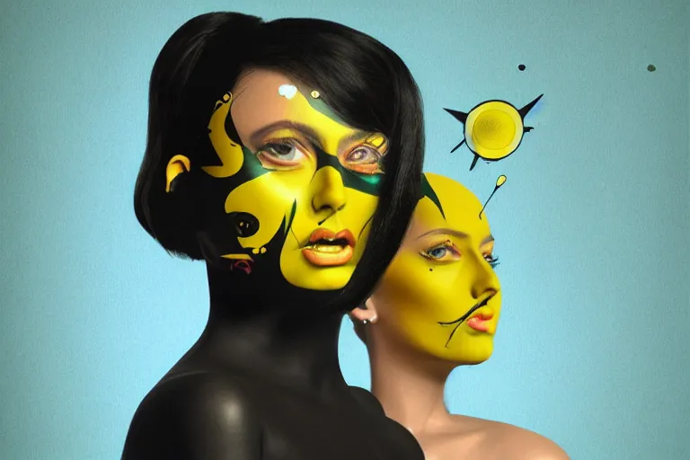 Prompt: a fractal woman with a yellow face and black hair, a pop art painting by franck frazetta, trending on cgsociety, pop surrealism, photoillustration, daz 3 d, pop art