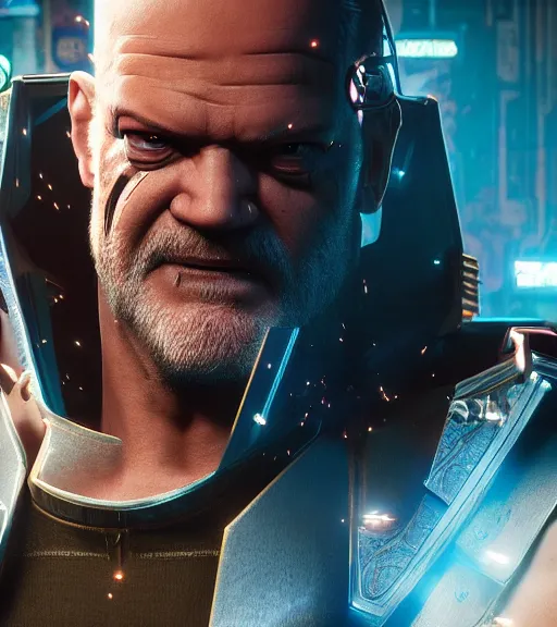 Image similar to cyberpunk 2 0 7 7, charismatic rugged male battle kelsey grammer - mage portrait, clothed in hooded, metal - plated battle armor atmospheric lighting painted intricate volumetric lighting, beautiful, sharp focus, ultra detailed by leesha hannigan, ross tran, thierry doizon, kai carpenter, ignacio fernandez rios