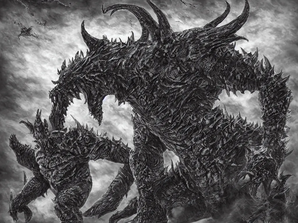 Prompt: demonic Kaiju Bowser roaring into the sky, muscular arms, standing upright, talons, horns, super Mario, horror, Cthulhu, silent Hill landscape, highly detailed, ruined kingdom