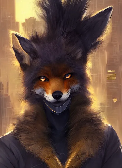 Image similar to award winning beautiful portrait commission of a male furry anthro melanated fox fursona with a tail and a cute beautiful attractive detailed furry face wearing stylish black and gold cyberpunk clothes in a cyberpunk city at night while it rains. Character design by charlie bowater, ross tran, artgerm, and makoto shinkai, detailed, inked, western comic book art