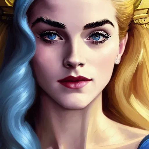 Image similar to A combination of Grace Kelly's and Emma Watson's and Katherine McNamara's faces with blue hair as She-Ra, western, D&D, fantasy, intricate, elegant, highly detailed, digital painting, artstation, concept art, matte, sharp focus, illustration, art by Artgerm and Greg Rutkowski and Alphonse Mucha