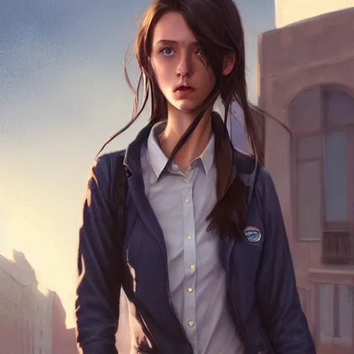 Image similar to portrait of a brunette thin teenager girl with blue eyes wearing school uniform aims a gun, light stubble, digital art,photorealistoc,art by greg rutkowski,hyperdetailed,western comic style,comic,comic style,sharp lineart,professional lighting,deviantart,artstation,trevor henderson,rossdtaws,cinematic,dramatic