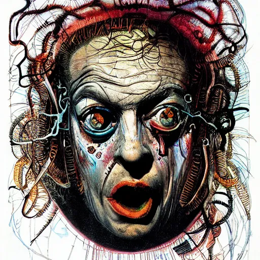 Prompt: graphic illustration, creative design, medusa, biopunk, by ralph steadman, francis bacon, hunter s thompson, highly detailed, mixed media