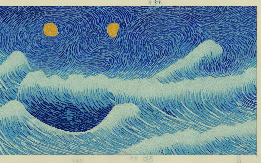 Prompt: rainy streets of kyoto, fractal waves. japanese embroidery. retro minimalist art by jean giraud and van gogh.