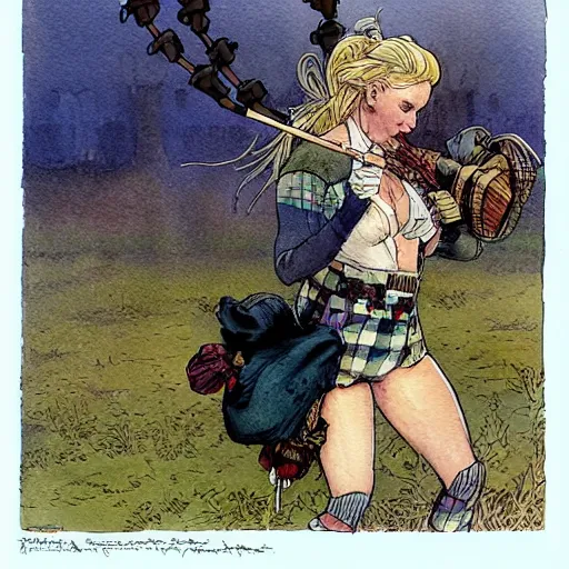 Image similar to a realistic and atmospheric watercolour fantasy concept art of britney spears dressed with scottish clothes and with bagpipe, muted colors. by rebecca guay, michael kaluta, charles vess and jean moebius giraud,