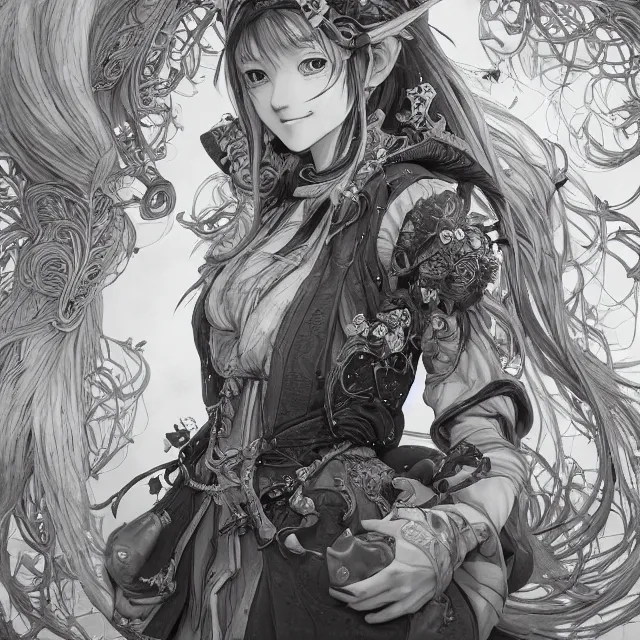 Image similar to the portrait of chaotic good female druid alchemist as absurdly beautiful, gorgeous, elegant, young anime girl, an ultrafine hyperdetailed illustration by kim jung gi, irakli nadar, intricate linework, sharp focus, bright colors, octopath traveler, final fantasy, unreal engine 5 highly rendered, global illumination, radiant light, detailed and intricate environment