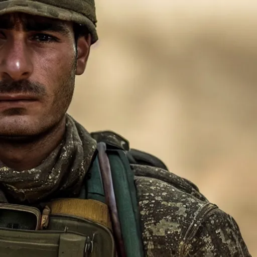 Prompt: close - up of kurdish ypg soldier in a movie directed by christopher nolan, movie still frame, promotional image, imax 7 0 mm footage, 8 k uhd