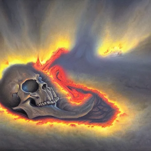 Image similar to an active supervolcano exploding with fire and thick smoke in the shape of a demonic skull, dan seagrave art