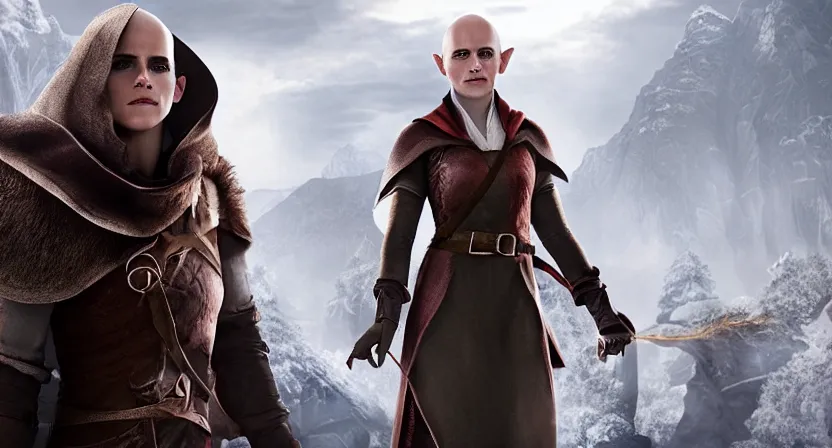 Image similar to promotional image of emma watson as a bald elf in dragon age : inquisition, hyperrealistic, detailed face, movie still, promotional image, imax 7 0 mm footage