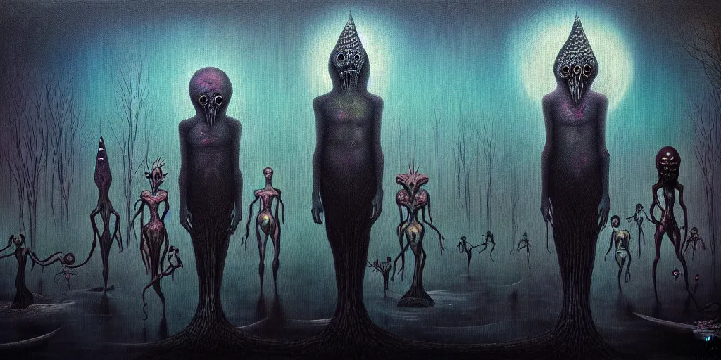 Image similar to creatures lurking in the collective unconscious, in a dark surreal painting by ronny khalil