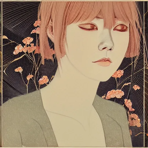 Prompt: “ emma stone portrait by ikenaga yasunari and ayana otake, drawing, realistic, sharp focus, japanese, dreamy, nostalgia, faded, golden hues, floral clothes, ”